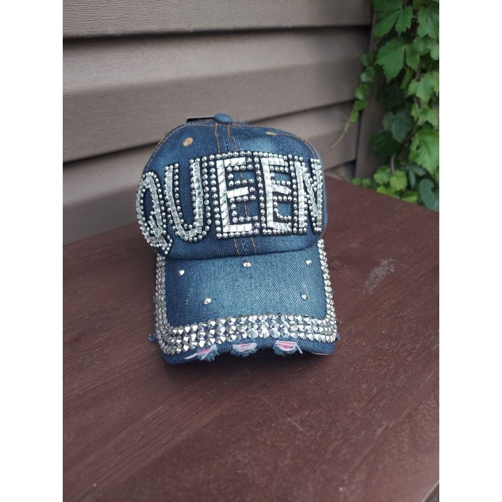 NWT Vitalia Rhinestone "QUEEN" Distressed Denim Cap